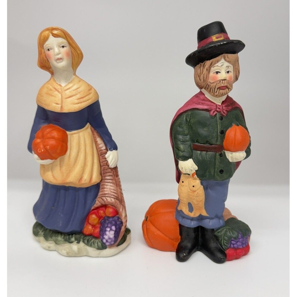 Vtg K’s Collection Thanksgiving Pilgrim Couple Figurines Harvest Pumpkin 6.5”